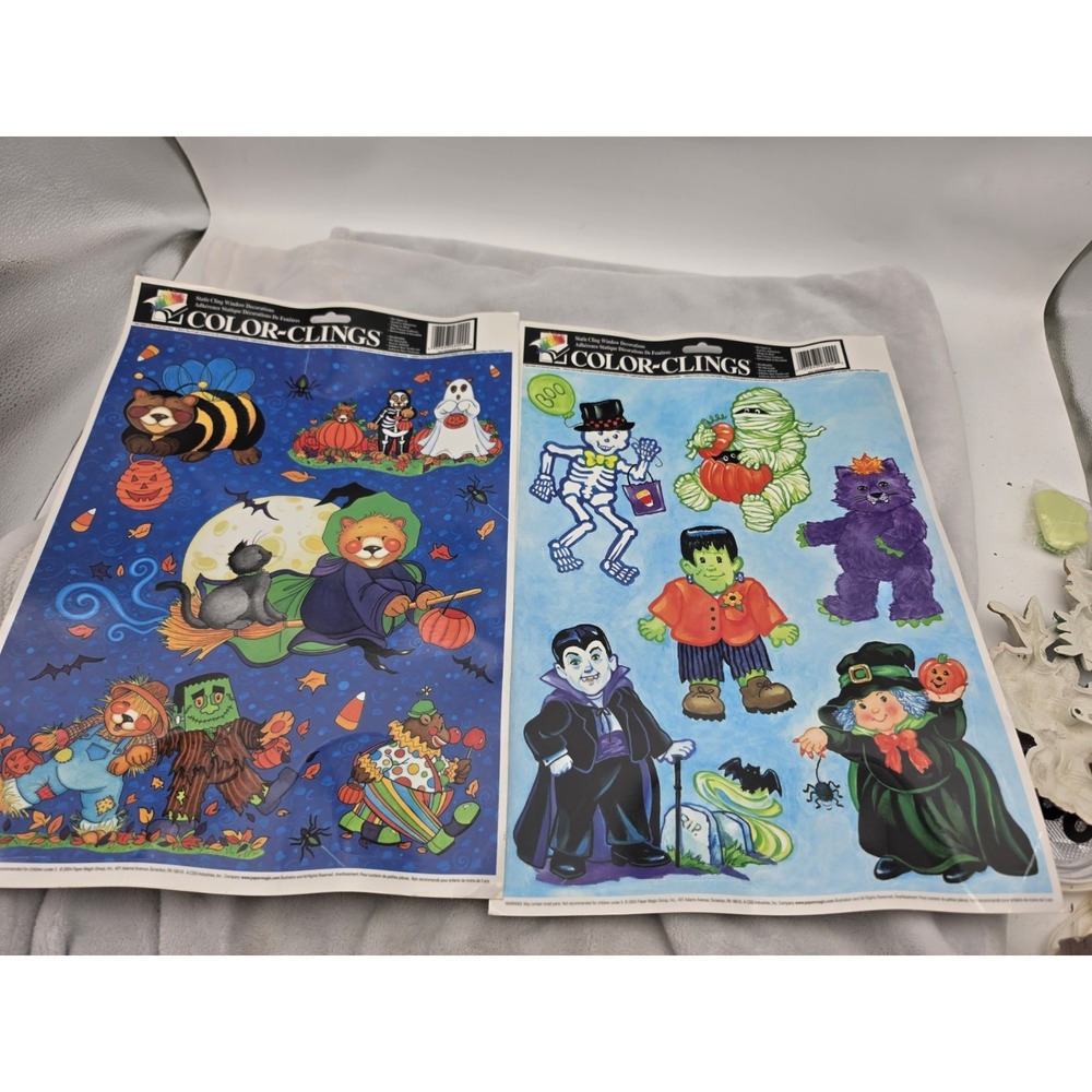 Nos Vtg Lot-2 Color-Clings Halloween Reusable Window Clings 2004 Witch Bat